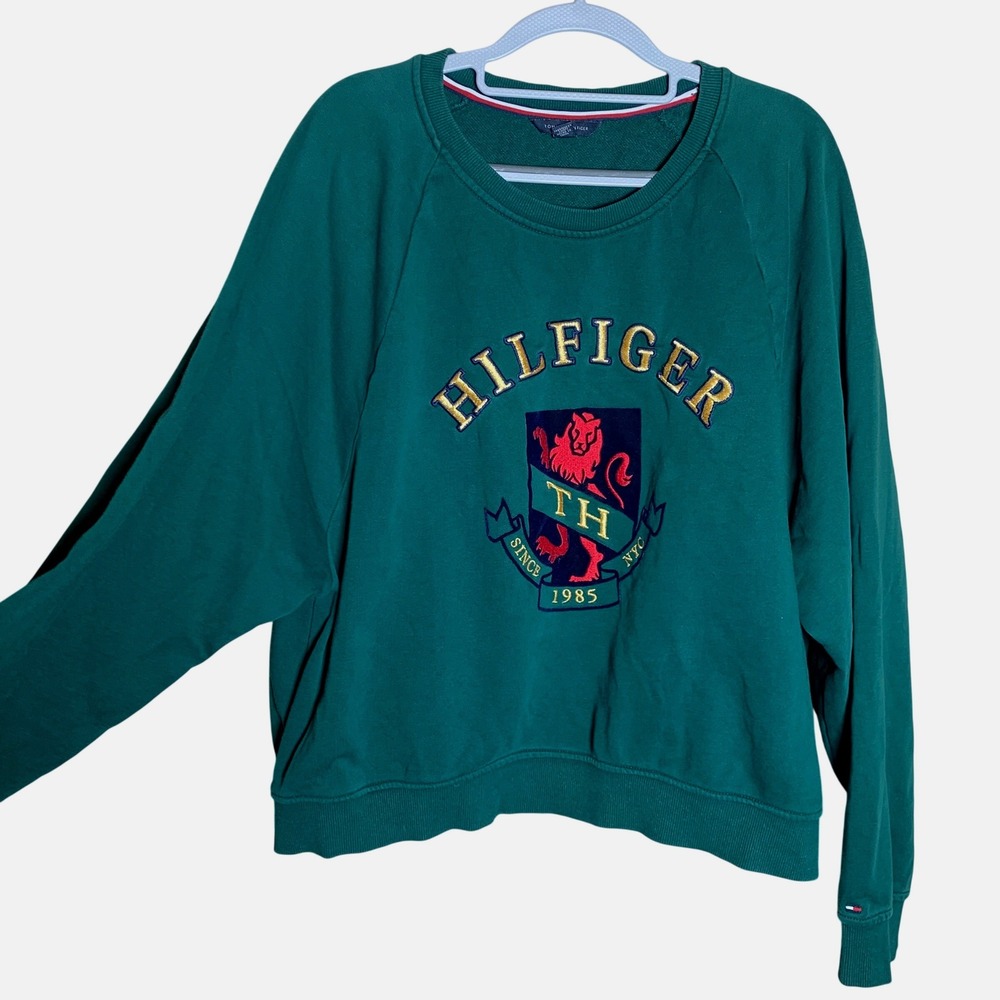 Tommy Hilfiger Sweatshirt Women XXL Green Excellent Embroidered Crest Lion NYC